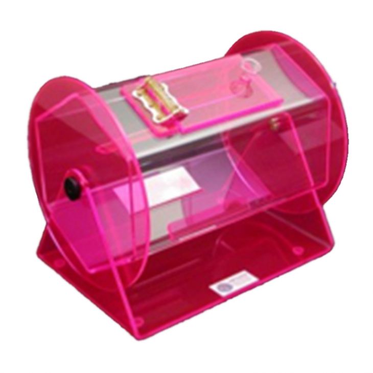 Raffle Drum: Fluorescent Red Clear Acrylic, Mini, 11" Long x 9" Diameter main image